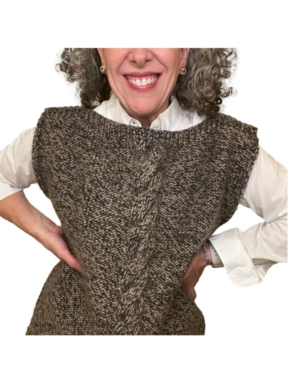 HANDMADE Wool Sweater Vest Cable Knit Stripe Black & Taupe Chunky Knit Pullover - Picture 3 of 10